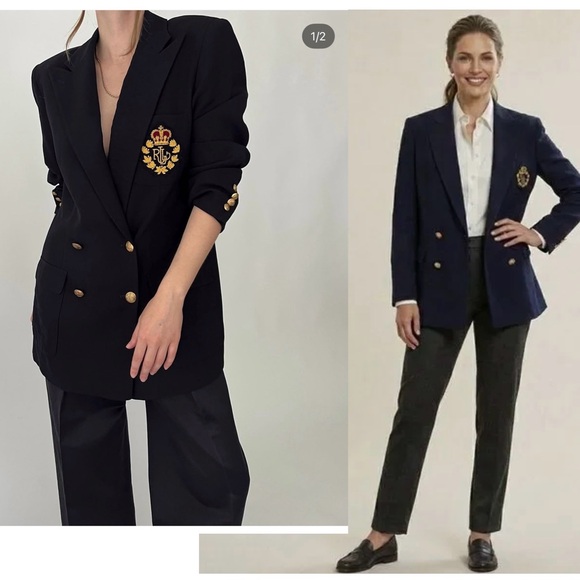 Ralph Lauren navy blue wool double breasted blazer crest logo embroidered emblem - Picture 3 of 15